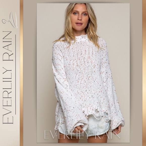 POL Sweaters - POL White Confetti Distressed Sweater